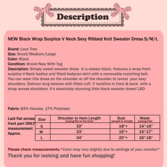 NEW Black Rib Knit Sexy Wrap V Neck Classic Little Black Sweater Dress - Picture 9 of 10